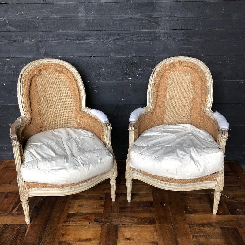 Pair Antique French Louis XVI Painted Vanity Chairs with Cane