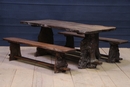 style Unusual farm table with pair benches, France 20 th century